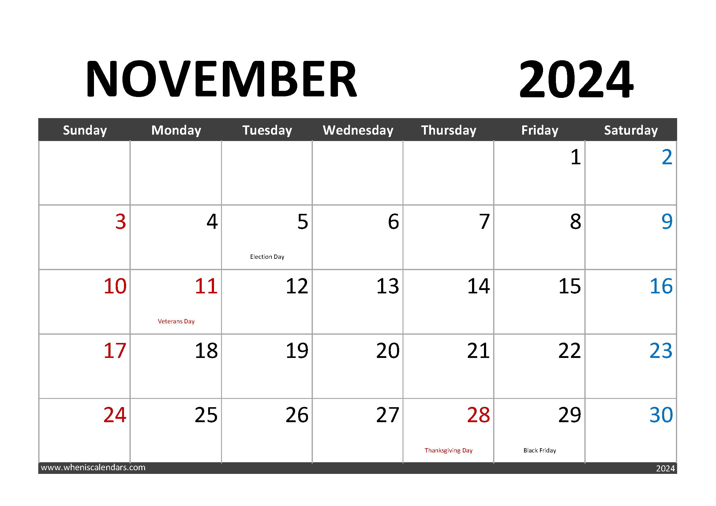 Download Printable November 2024 Calendar with Holidays A4 Horizontal 114001