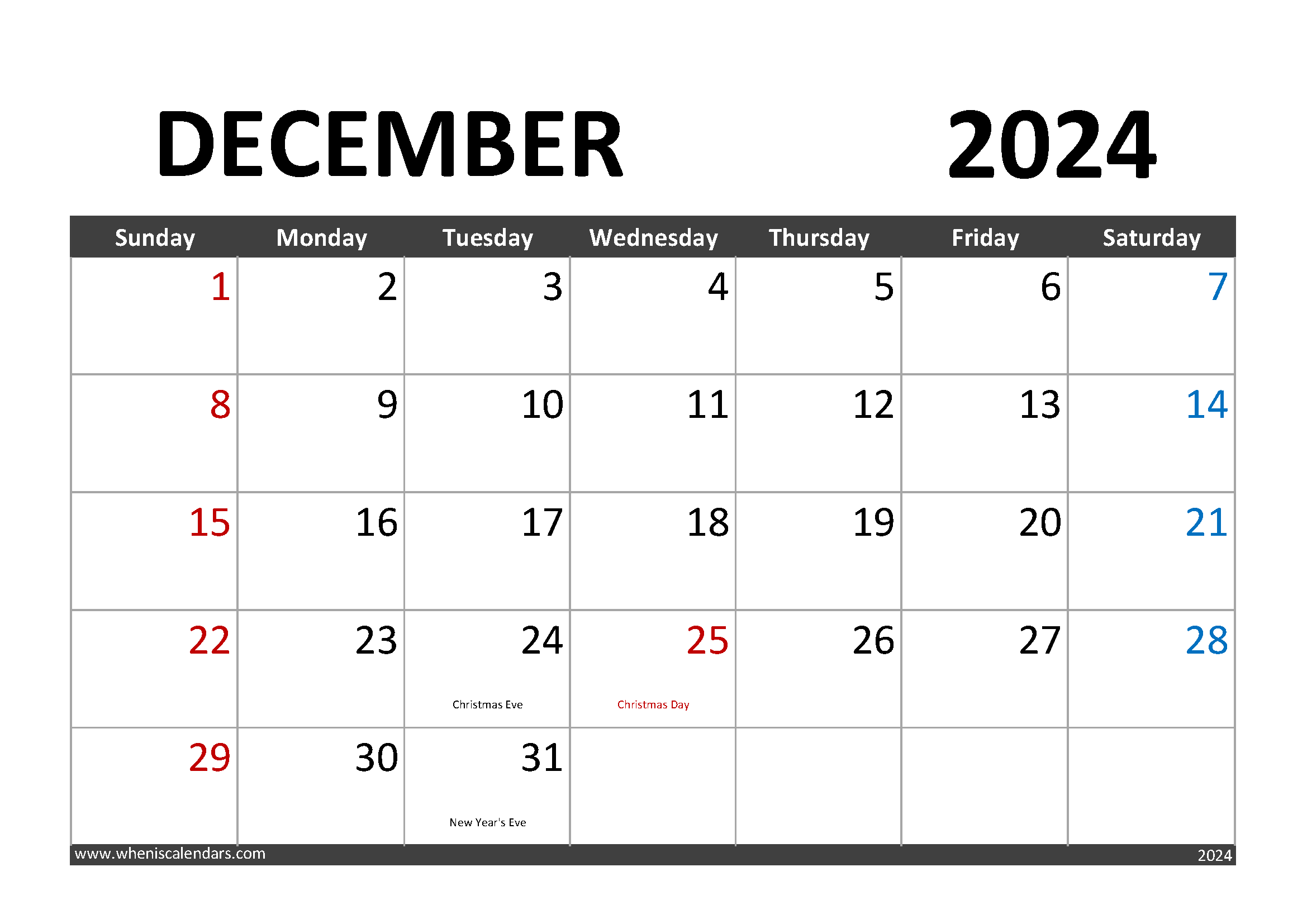 Download Printable December 2024 Calendar with Holidays A4 Horizontal 124001