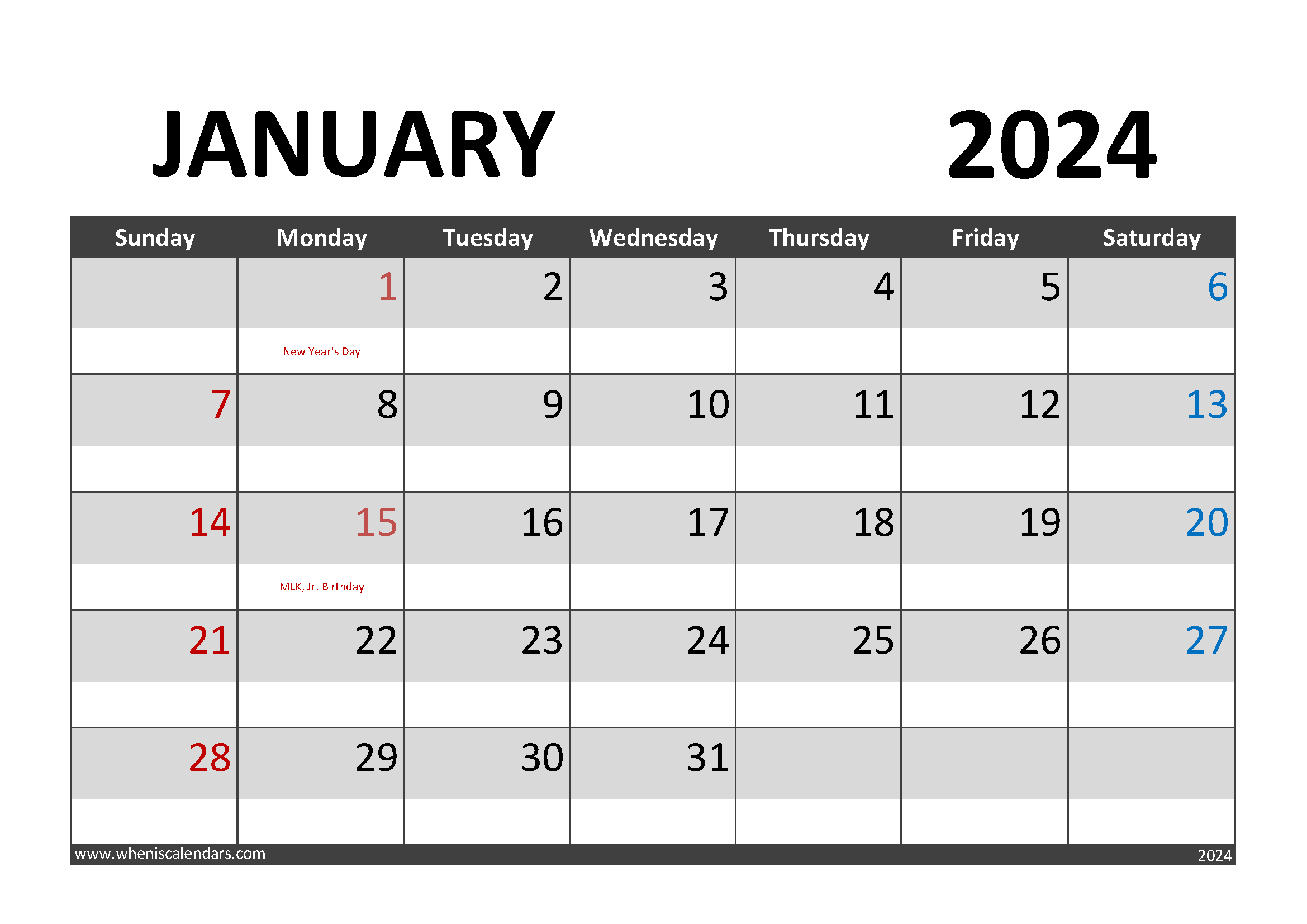 Download January 2024 Calendar pdf A4 Horizontal J4002