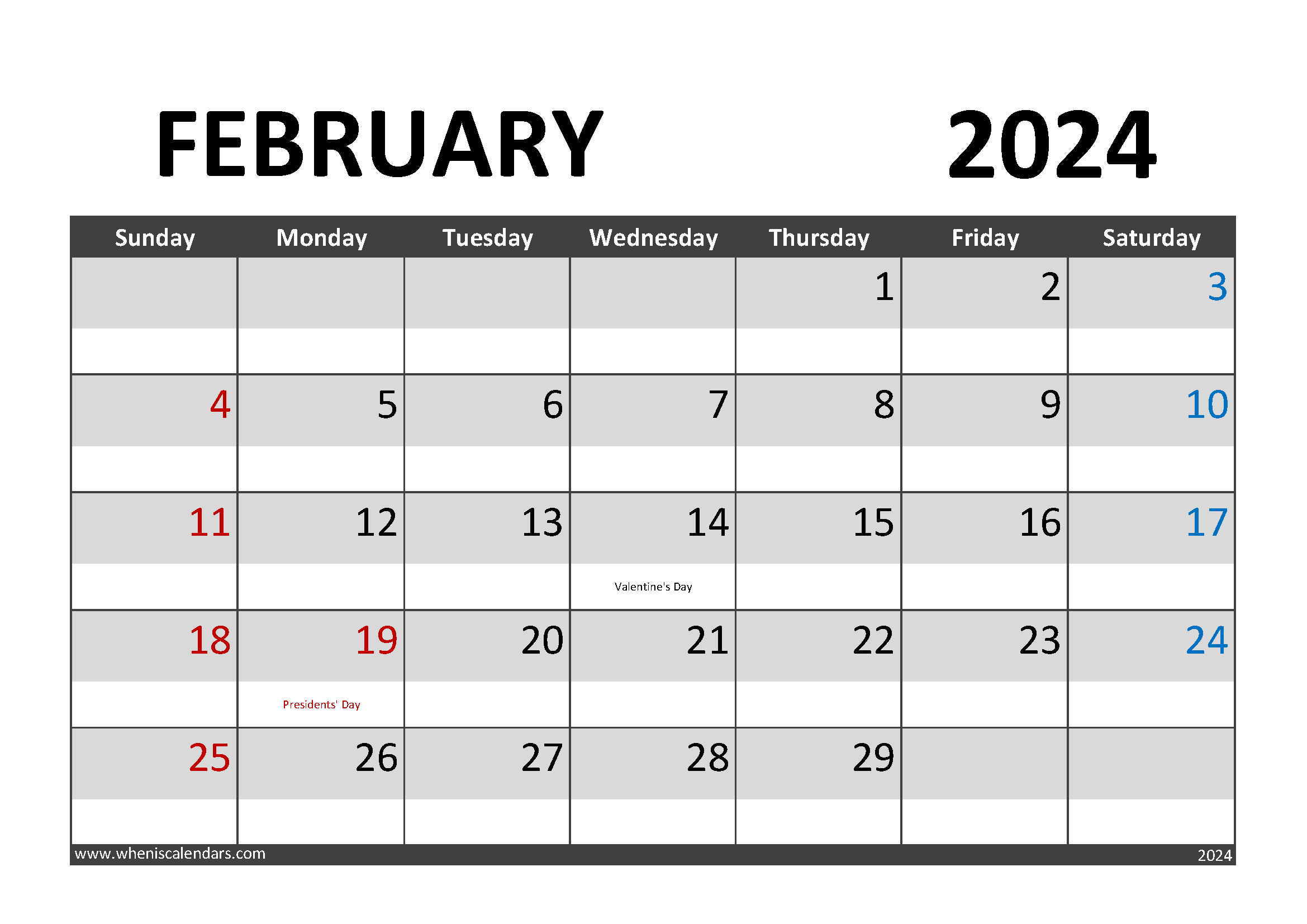 Download February 2024 Calendar pdf A4 Horizontal 24002