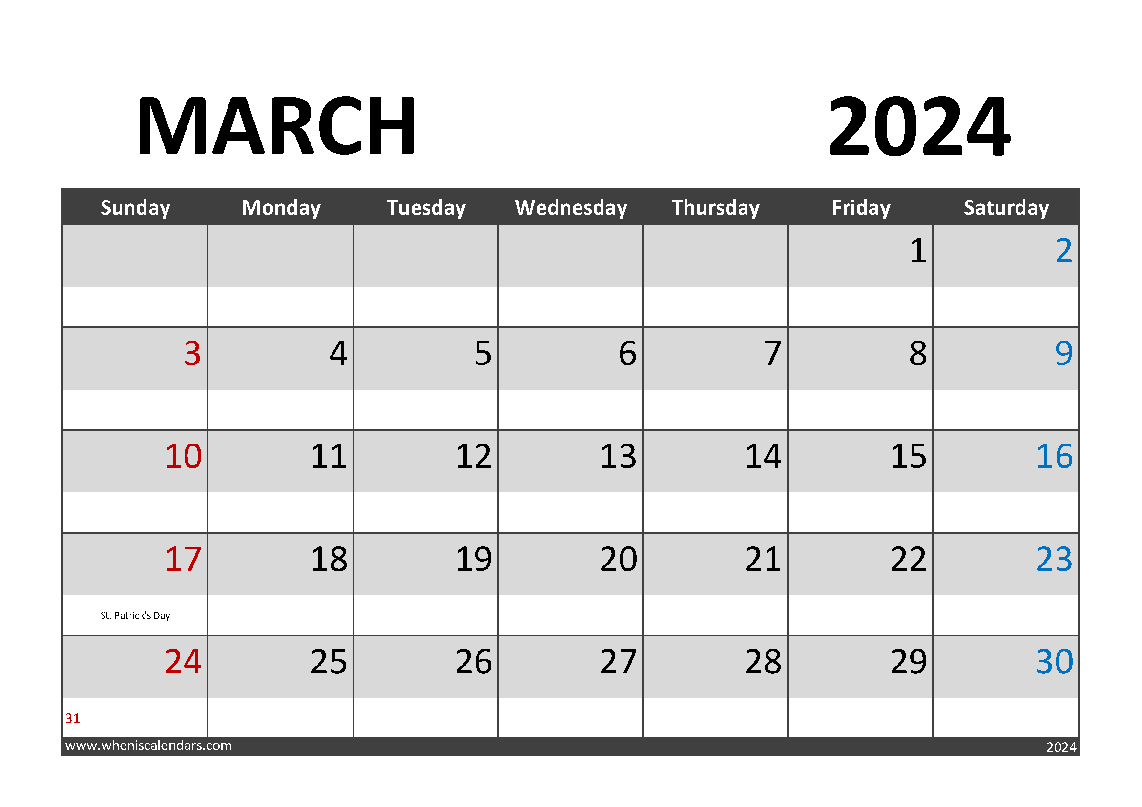 Download March 2024 Calendar pdf A4 Horizontal 34002