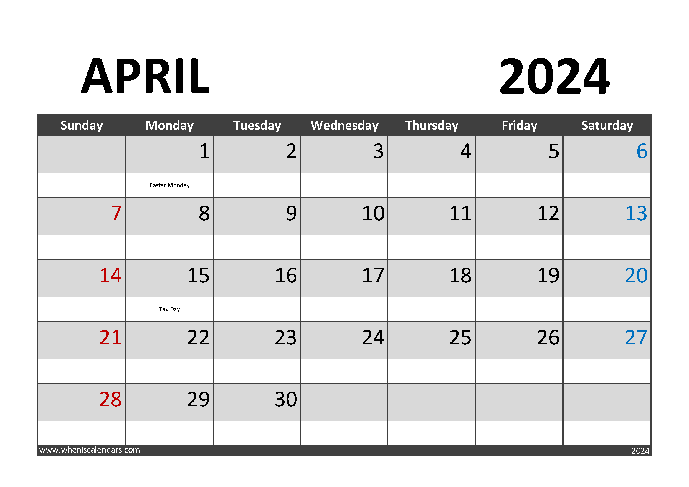 Download April 2024 Calendar pdf A4 Horizontal 44002