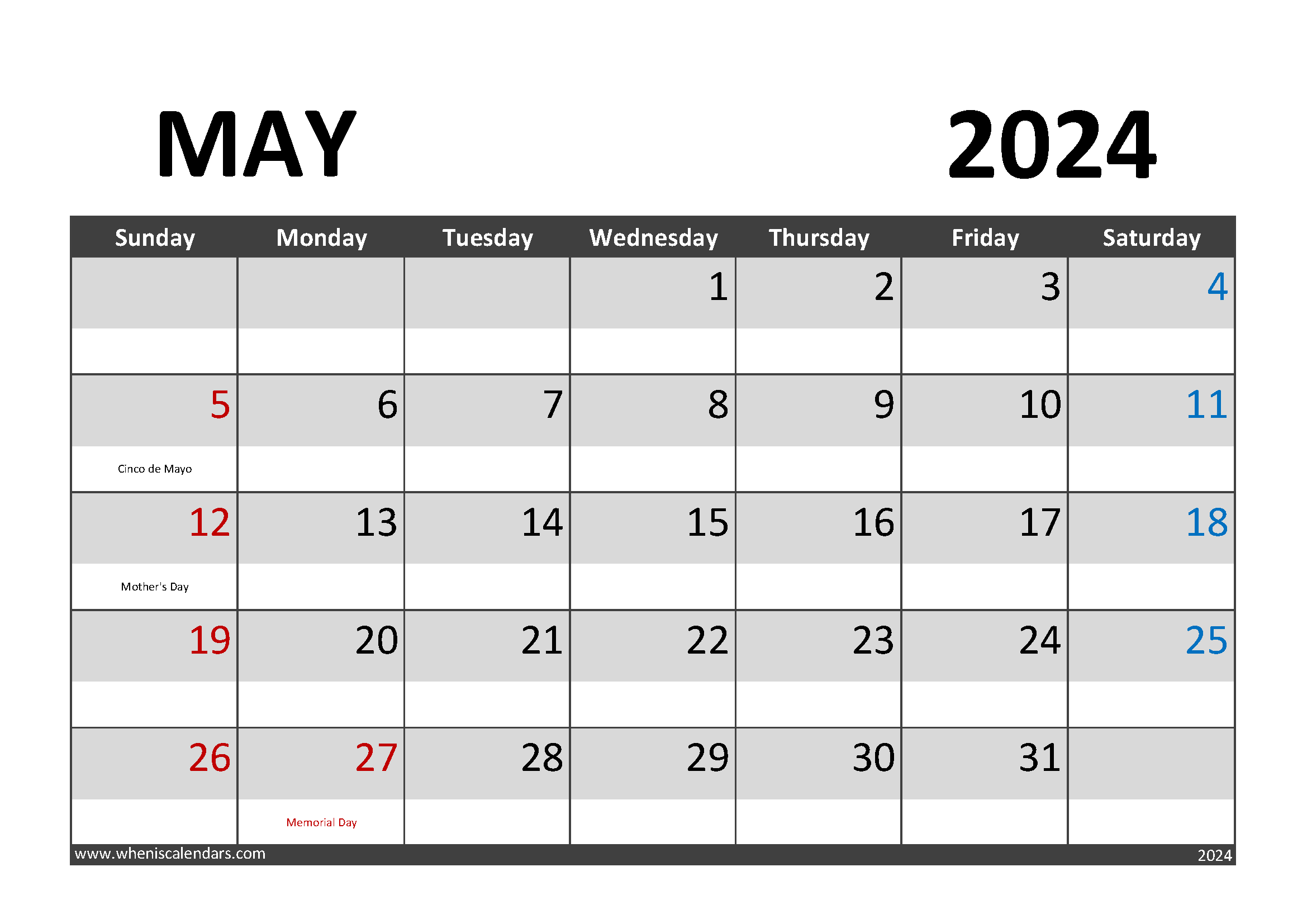 Download May 2024 Calendar pdf A4 Horizontal 54002