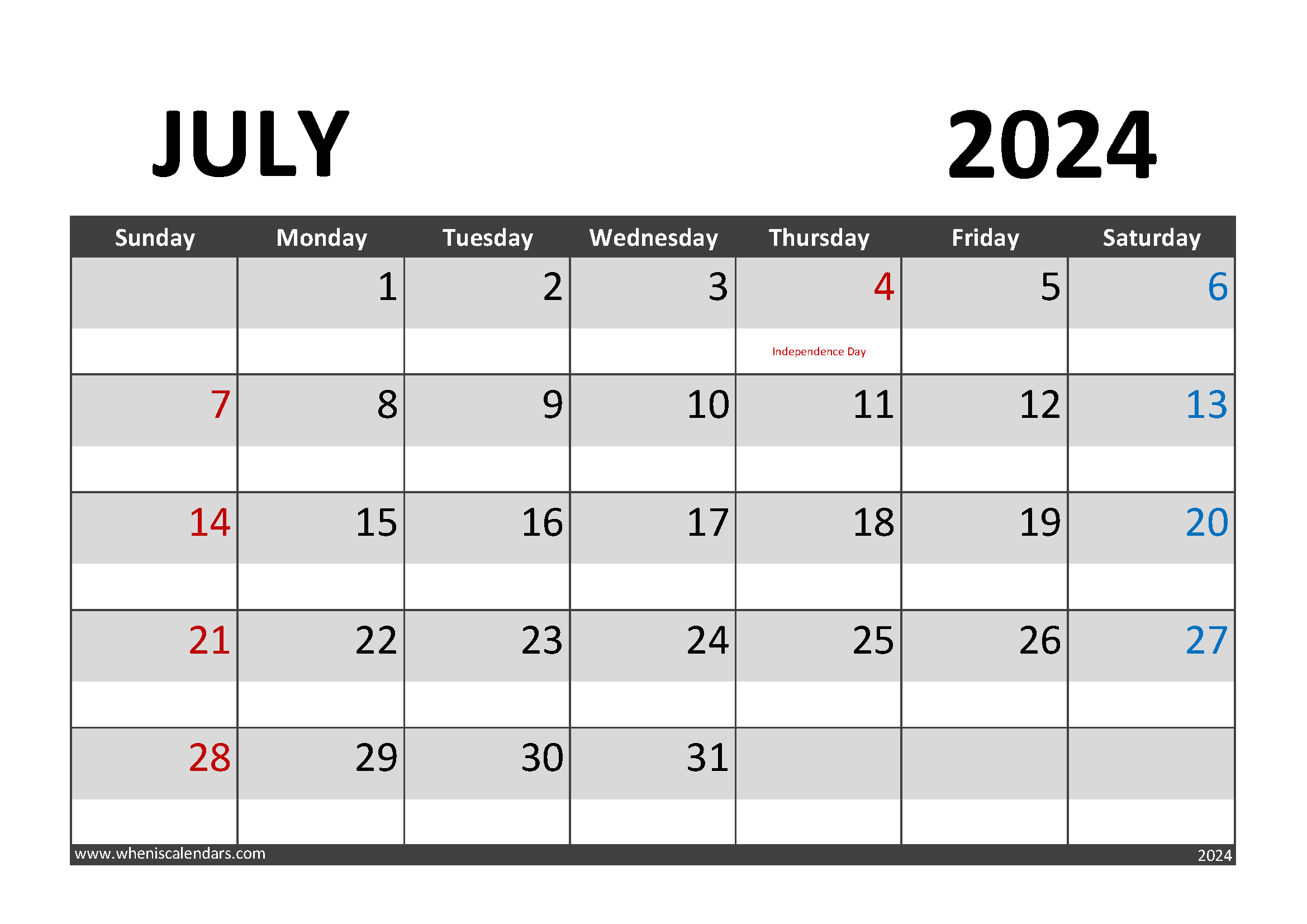Download July 2024 Calendar pdf A4 Horizontal 74002