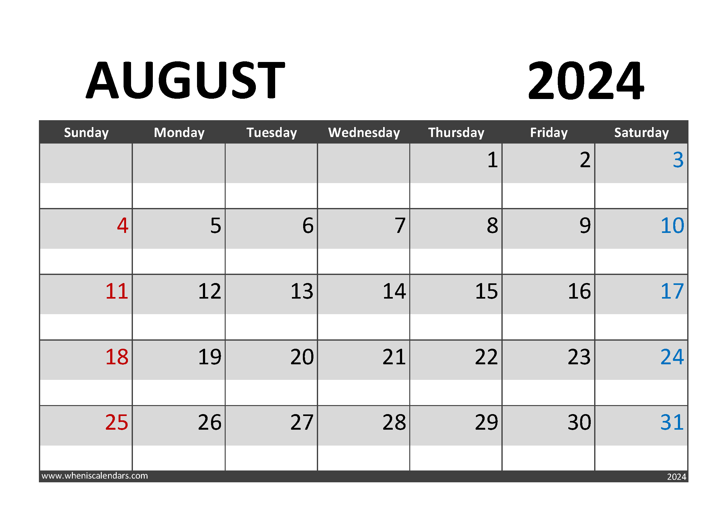 Download August 2024 Calendar pdf A4 Horizontal 84002
