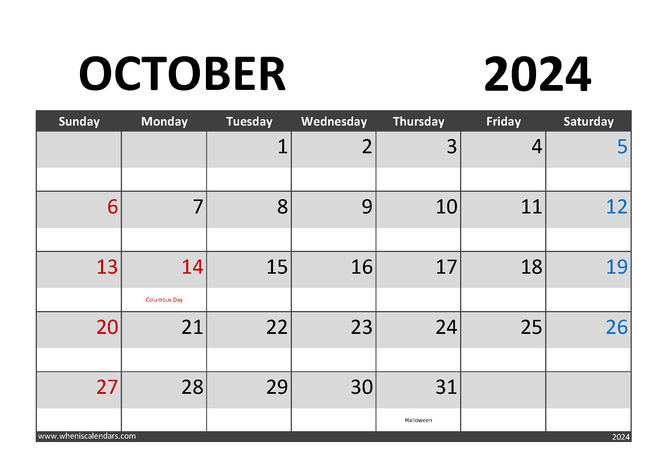 Download October 2024 Calendar pdf A4 Horizontal 104002