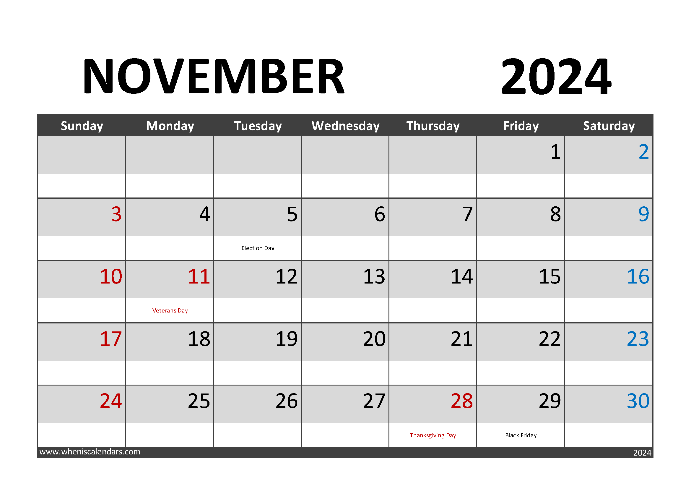 Download November 2024 Calendar pdf A4 Horizontal 114002