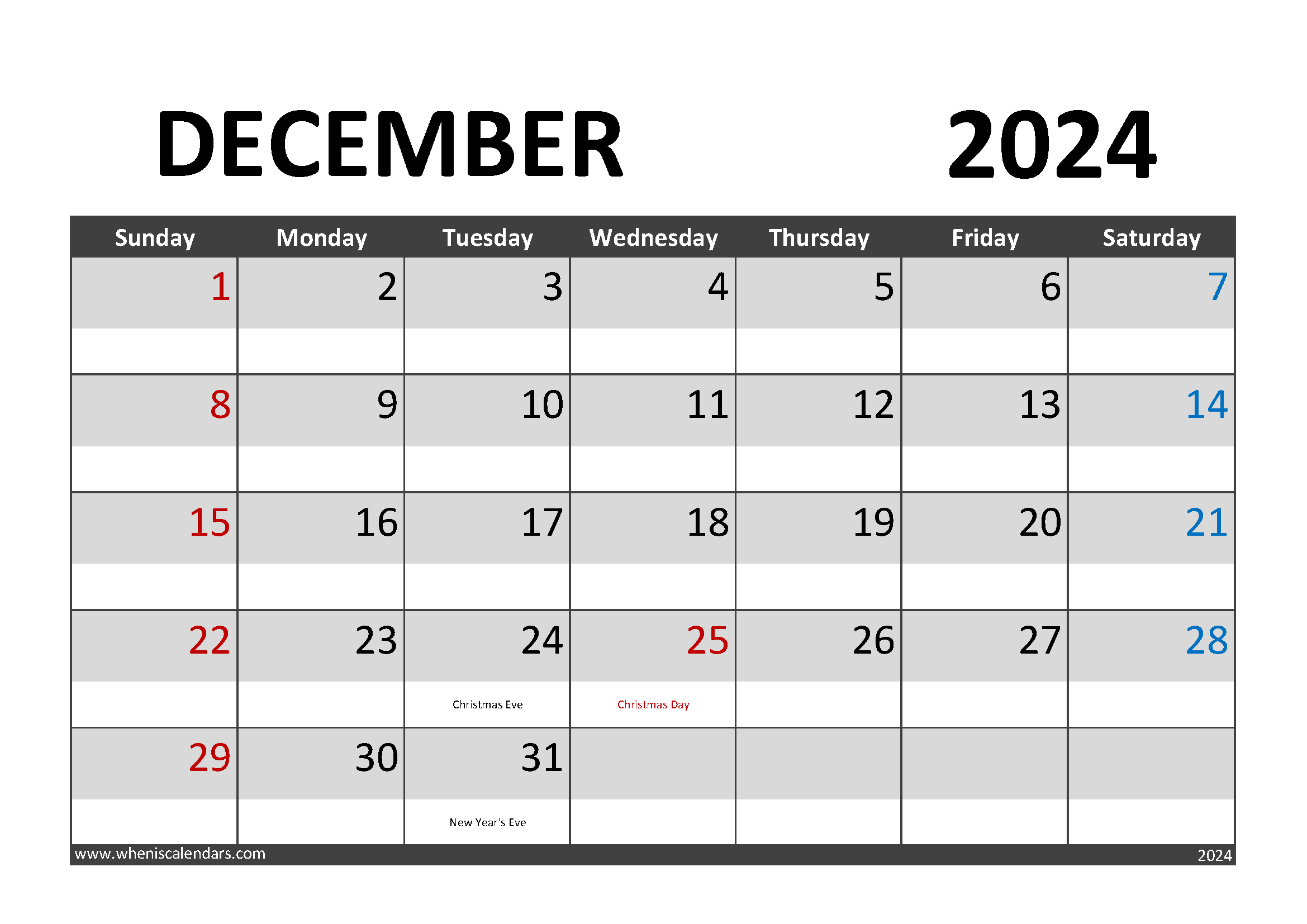 Download December 2024 Calendar pdf A4 Horizontal 124002