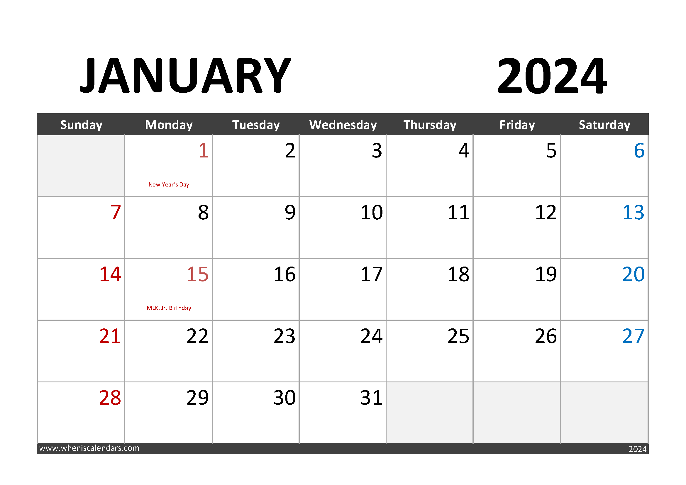 Download January 2024 Calendar Printable A4 Horizontal J4003