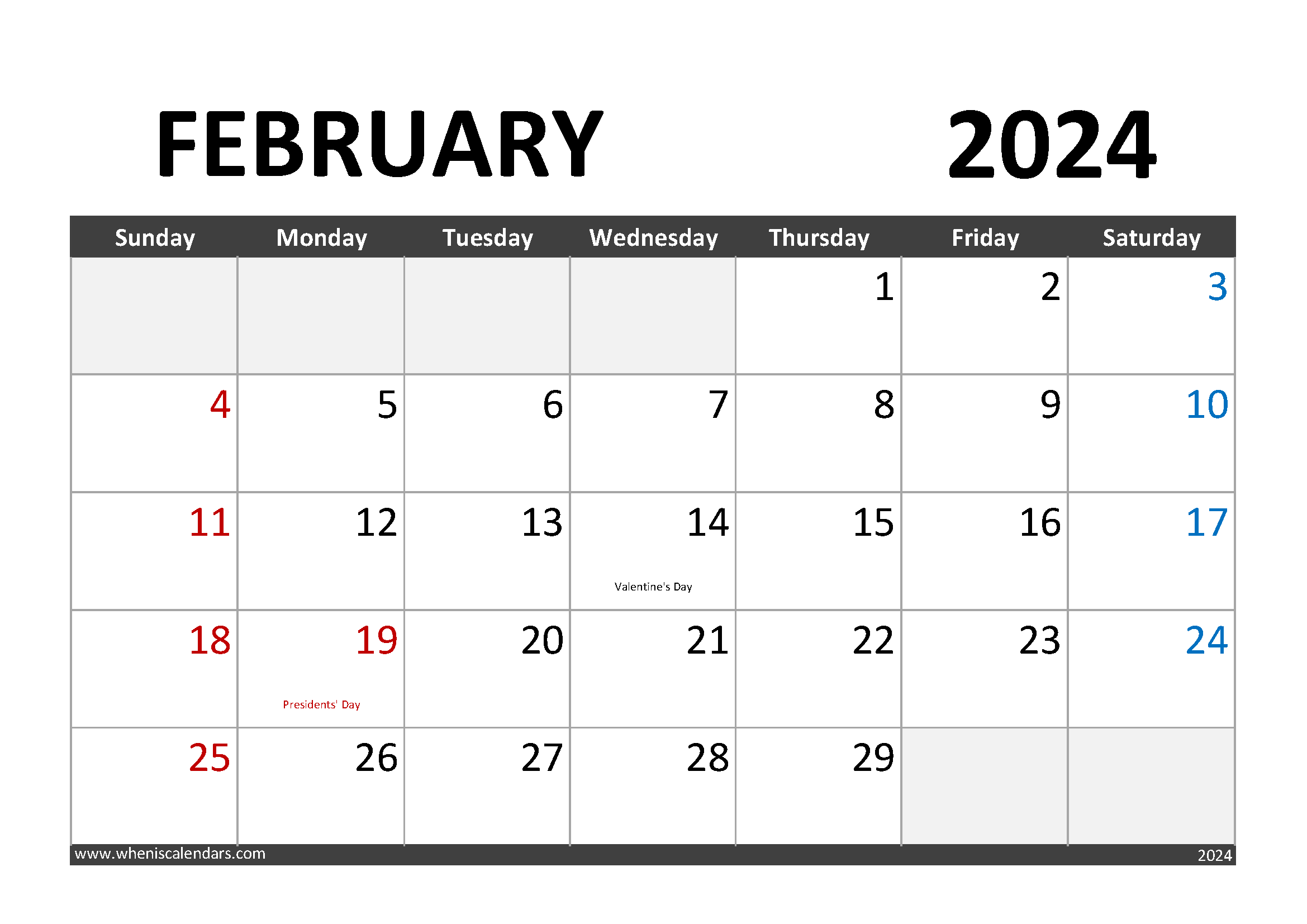 Download February 2024 Calendar Printable A4 Horizontal 24003