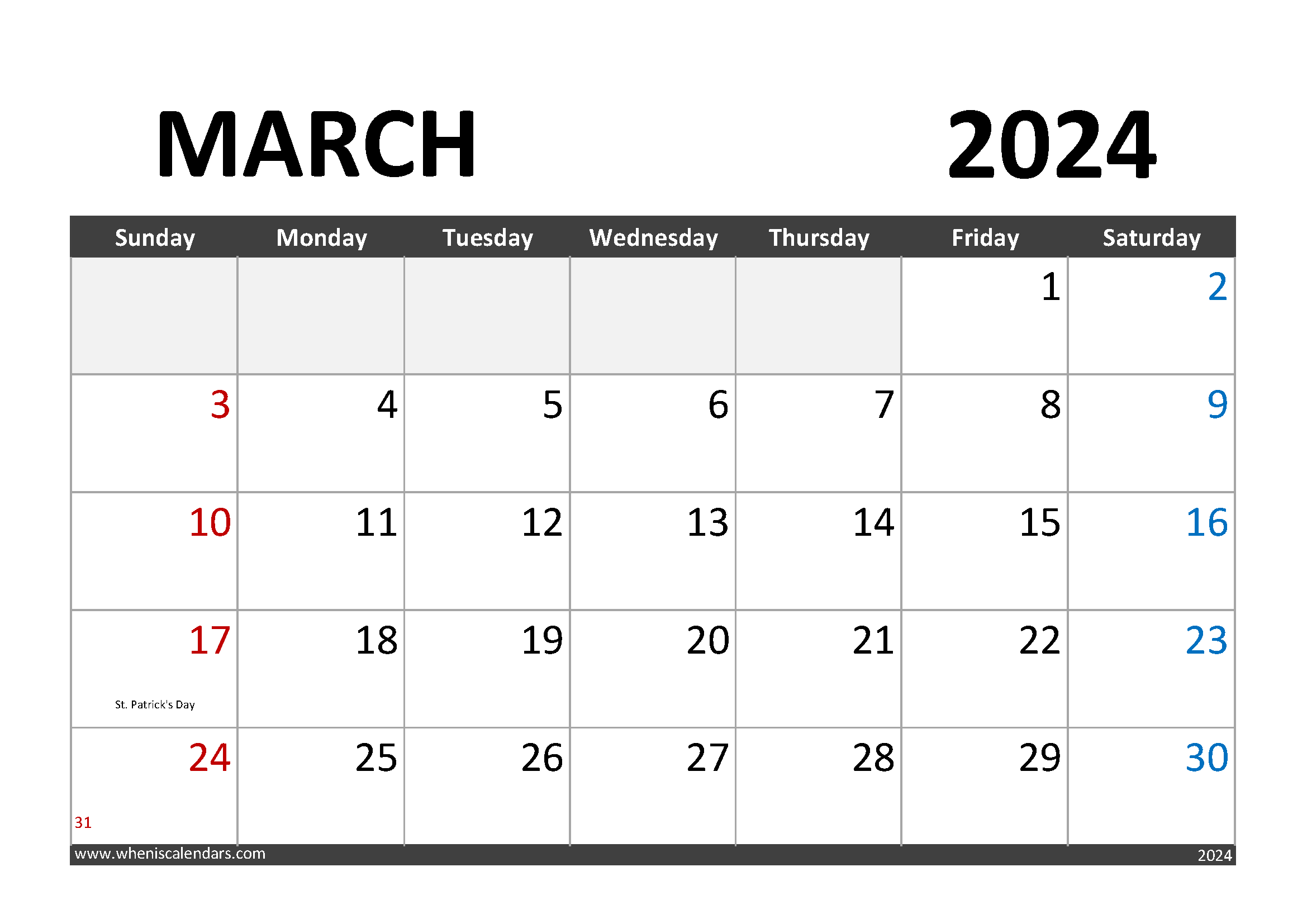 Download March 2024 Calendar Printable A4 Horizontal 34003