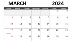 Calendar March 2024 Print M3283