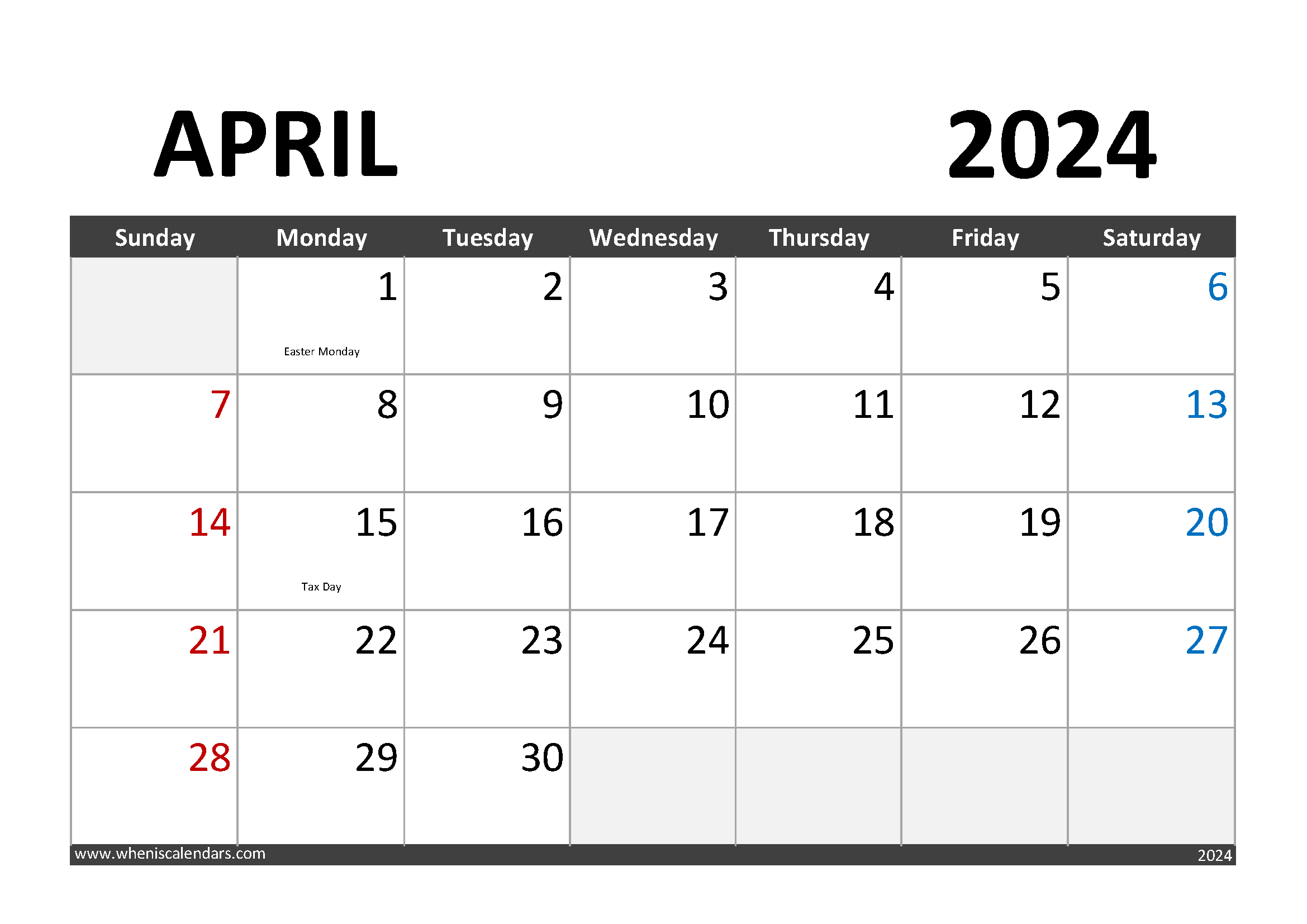 Download April 2024 Calendar Printable A4 Horizontal 44003
