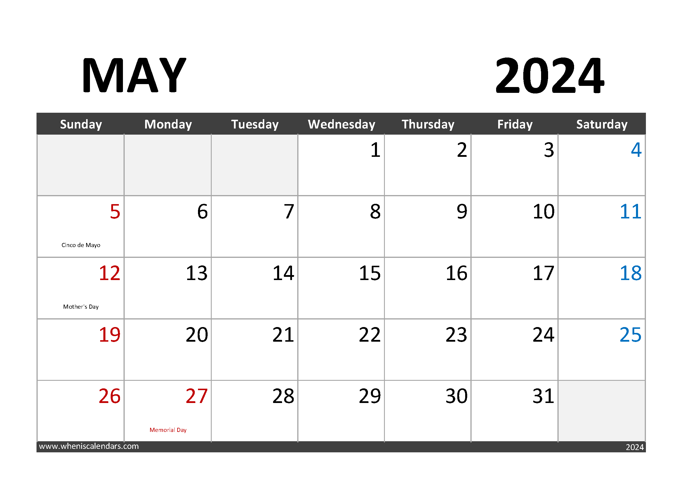 Download May 2024 Calendar Printable A4 Horizontal 54003