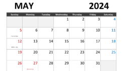 Calendar May 2024 Print M5283