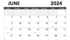 Calendar June 2024 Print J6283