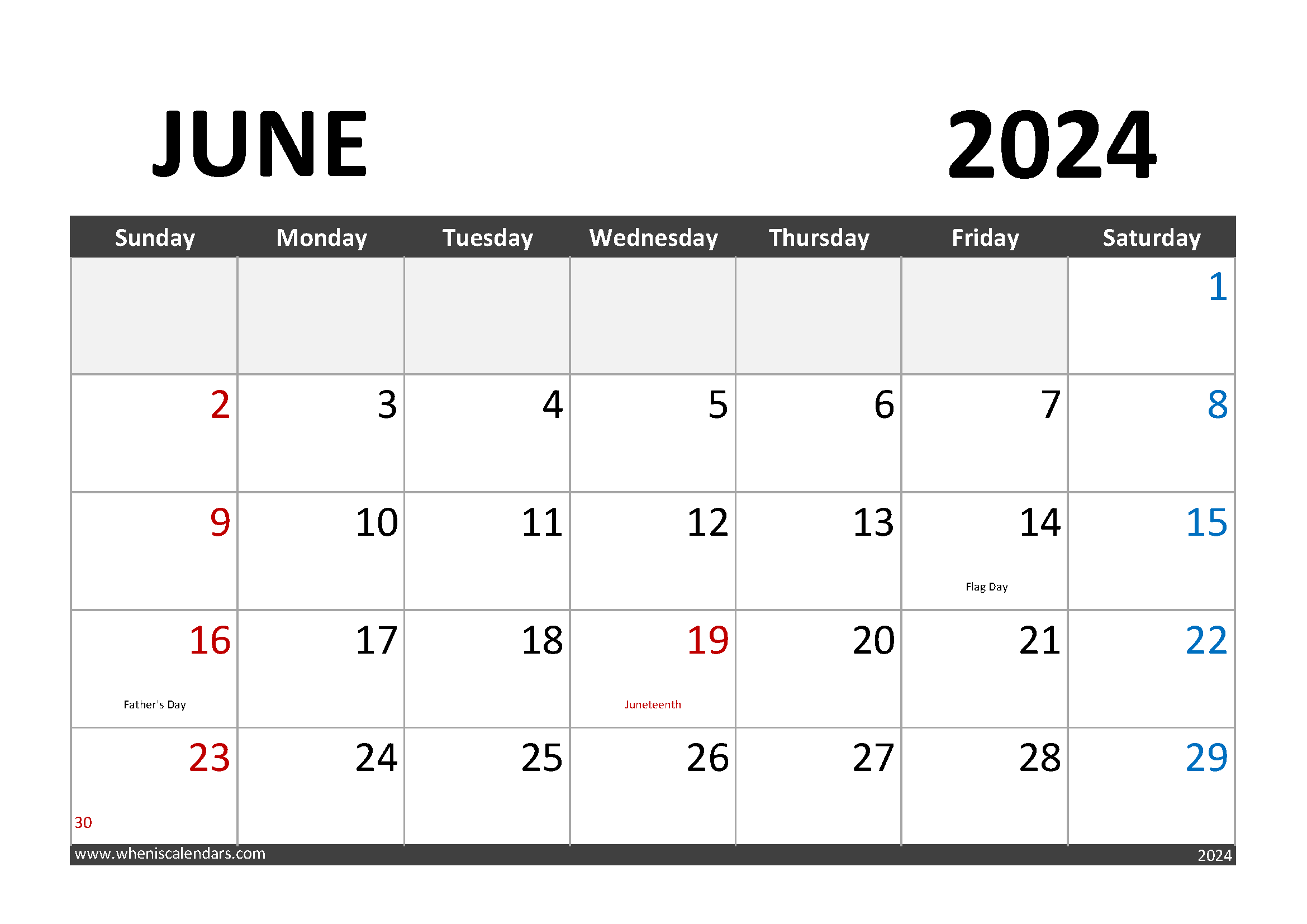 Download June 2024 Calendar Printable A4 Horizontal 64003
