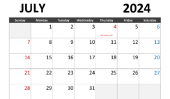Calendar July 2024 Print J7283