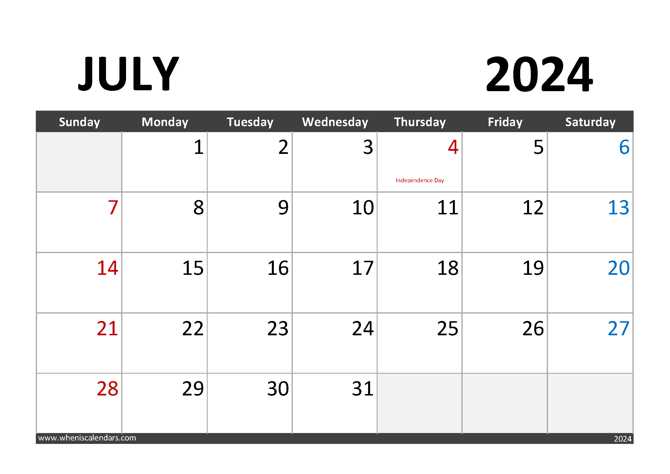 Download July 2024 Calendar Printable A4 Horizontal 74003