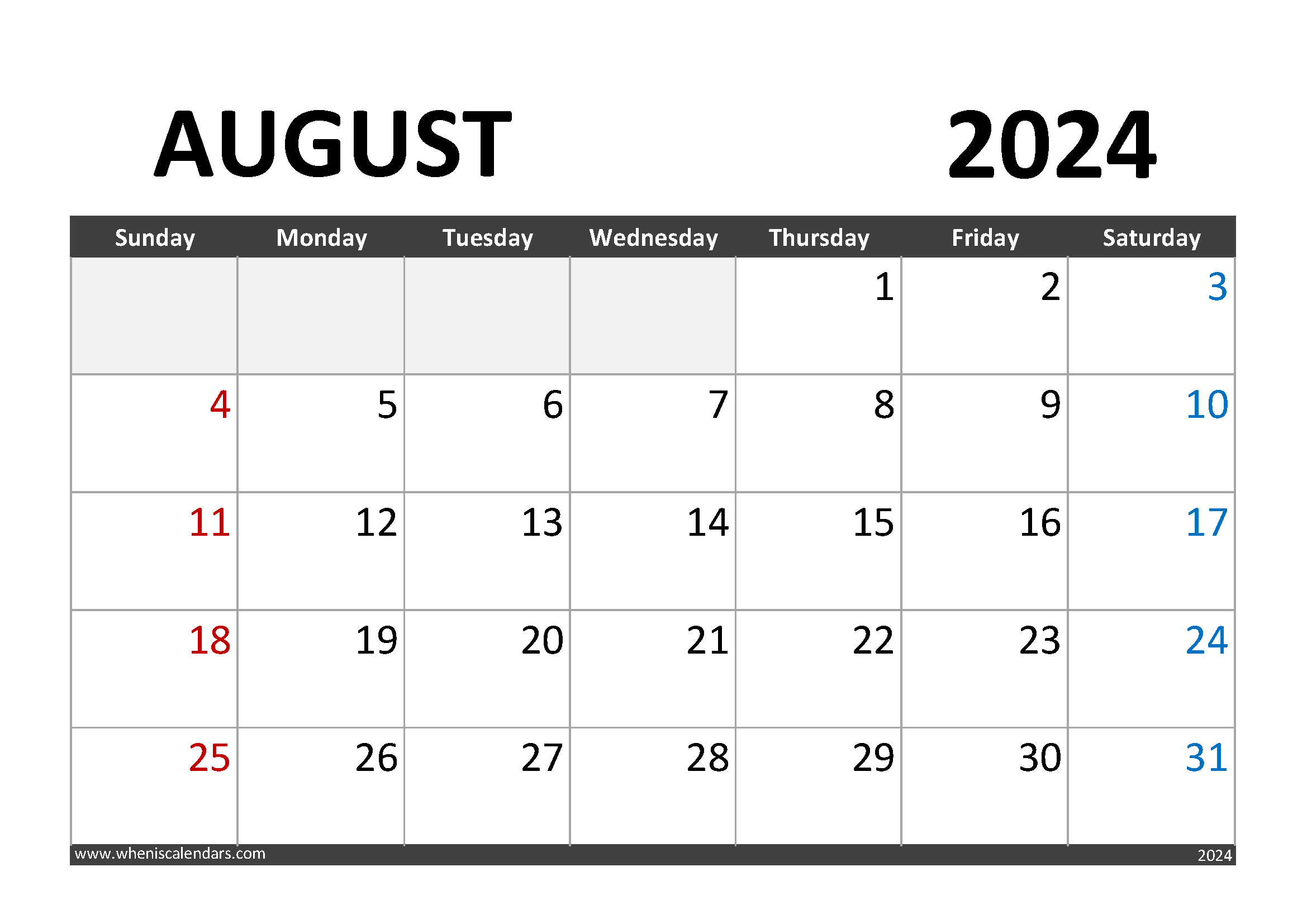 Download August 2024 Calendar Printable A4 Horizontal 84003