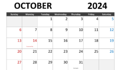 Calendar October 2024 Print O1283