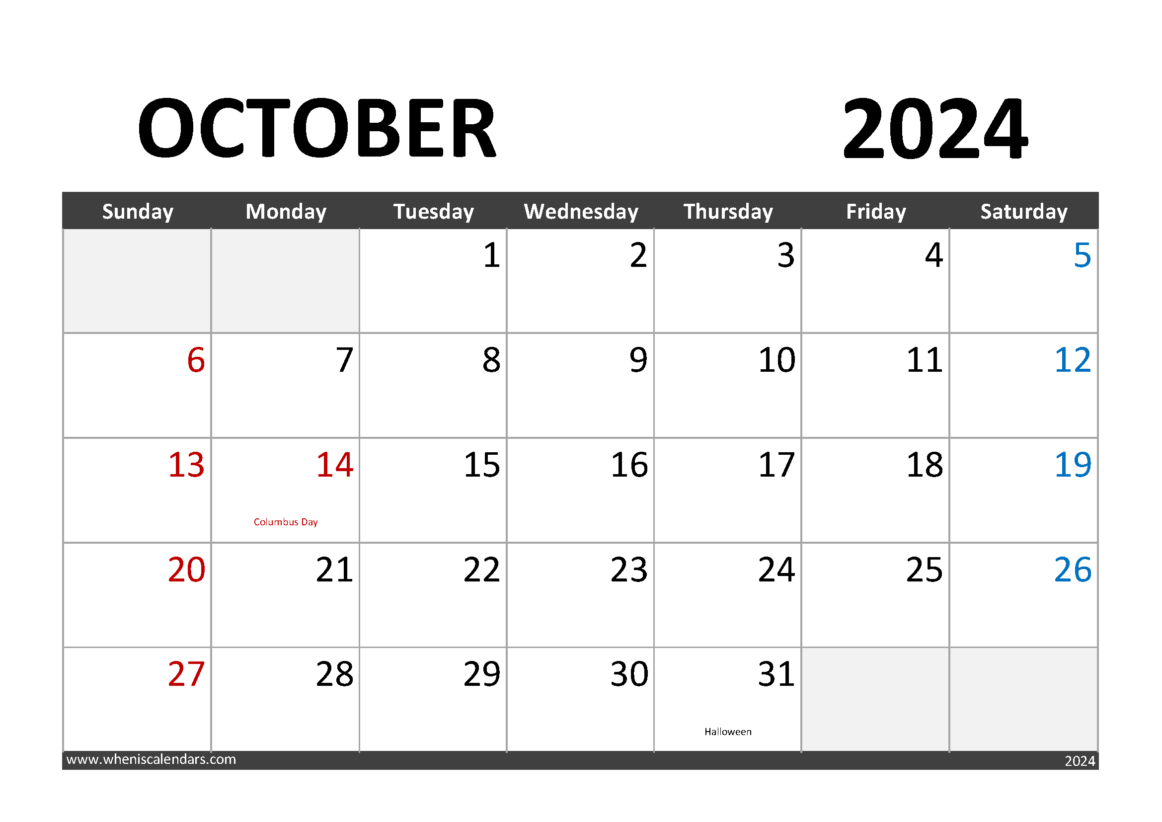 Download October 2024 Calendar Printable A4 Horizontal 104003
