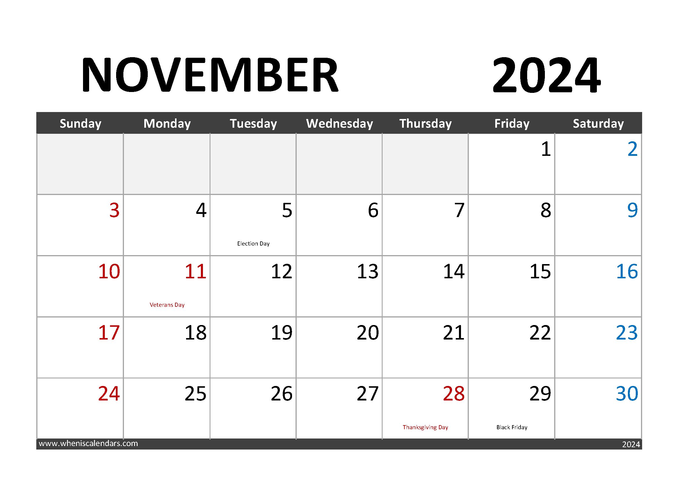 Download November 2024 Calendar Printable A4 Horizontal 114003