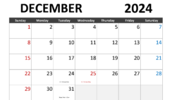 Calendar December 2024 Print D1283