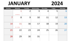 Download January 2024 Calendar with Holidays A4 Horizontal J4004