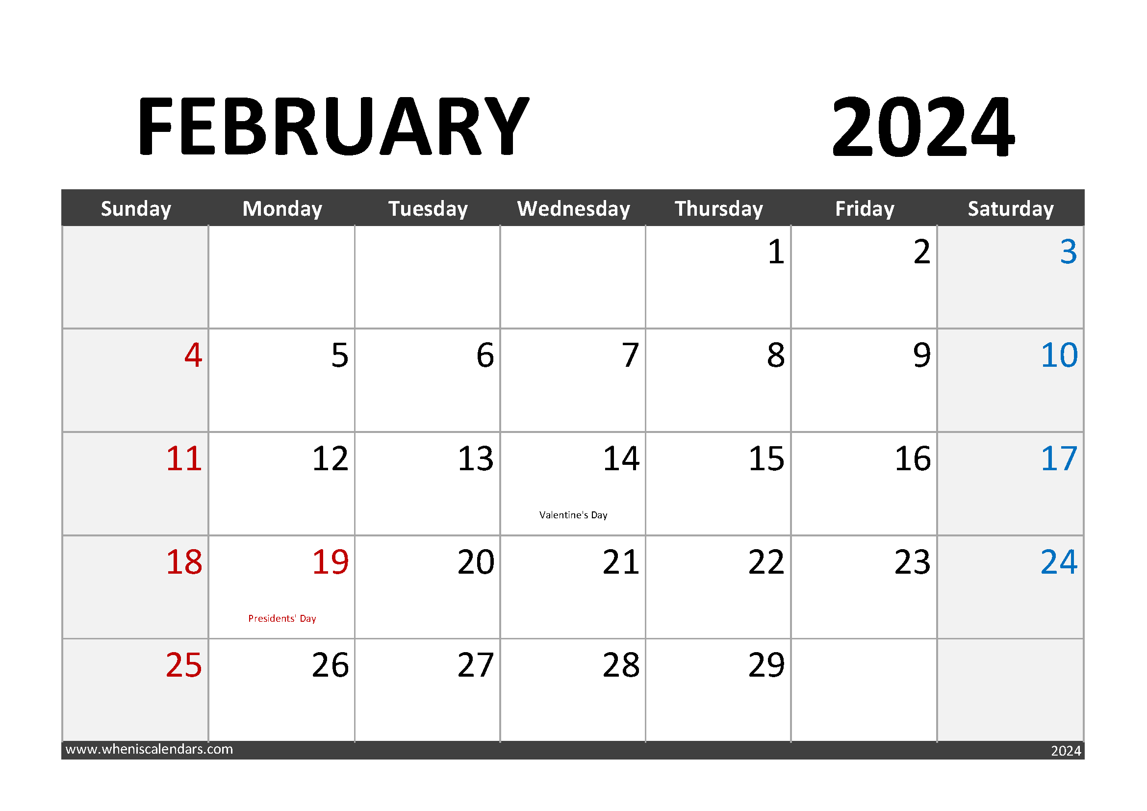Download February 2024 Calendar with Holidays A4 Horizontal 24004
