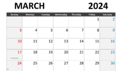March Calendar 2024 Blank M3284