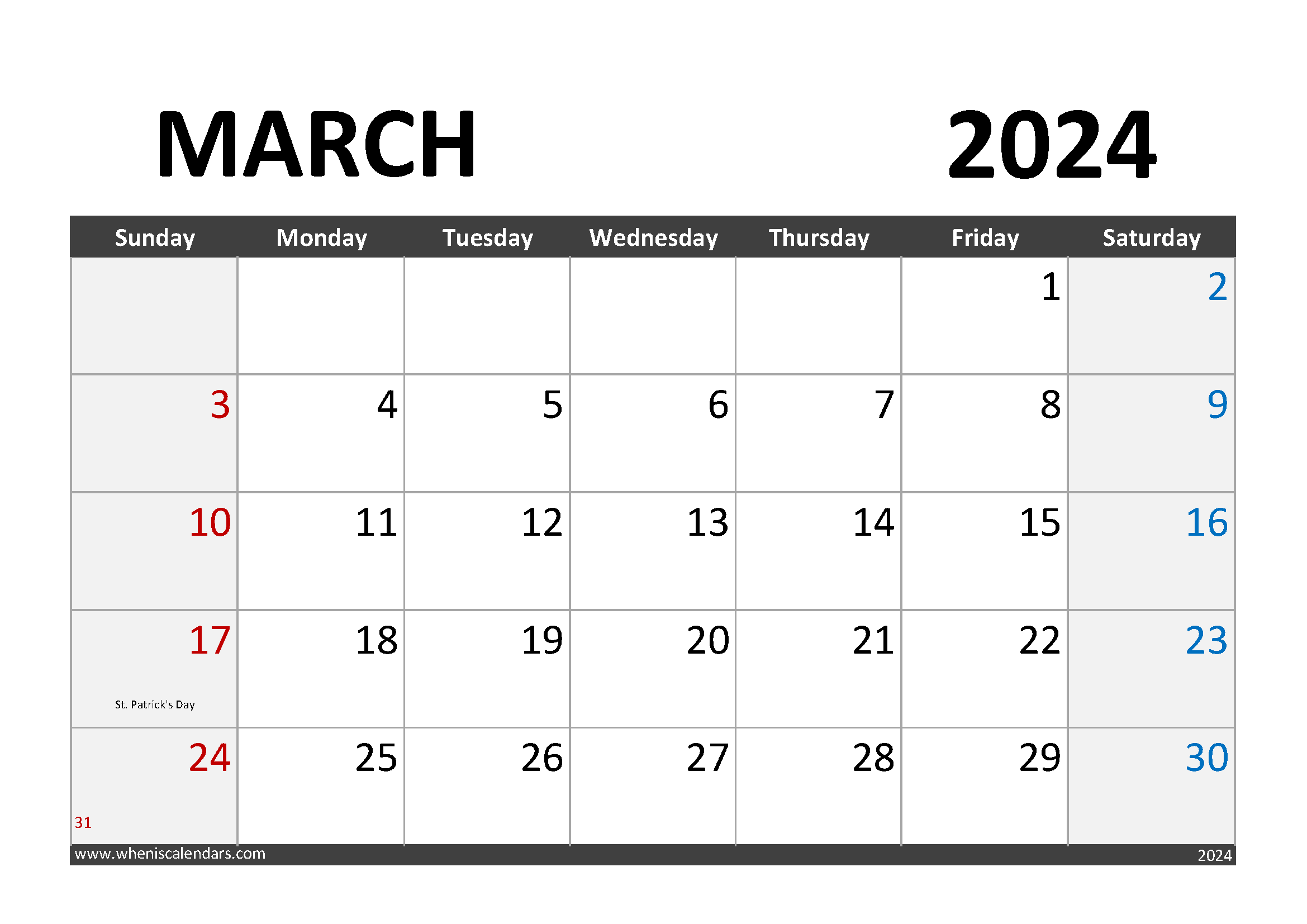 Download March 2024 Calendar with Holidays A4 Horizontal 34004