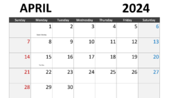 April Calendar 2024 Blank A4284