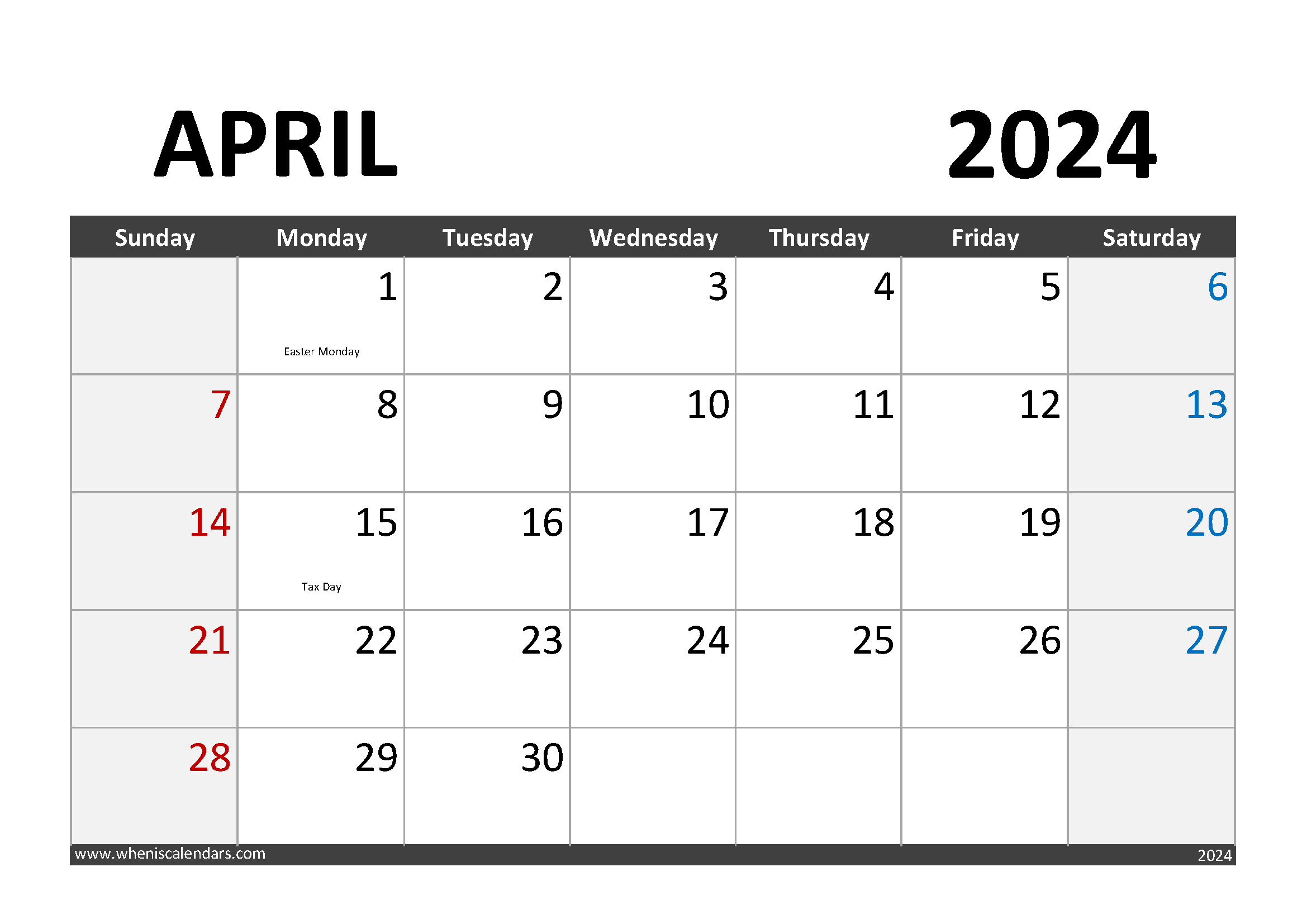 Download April 2024 Calendar with Holidays A4 Horizontal 44004