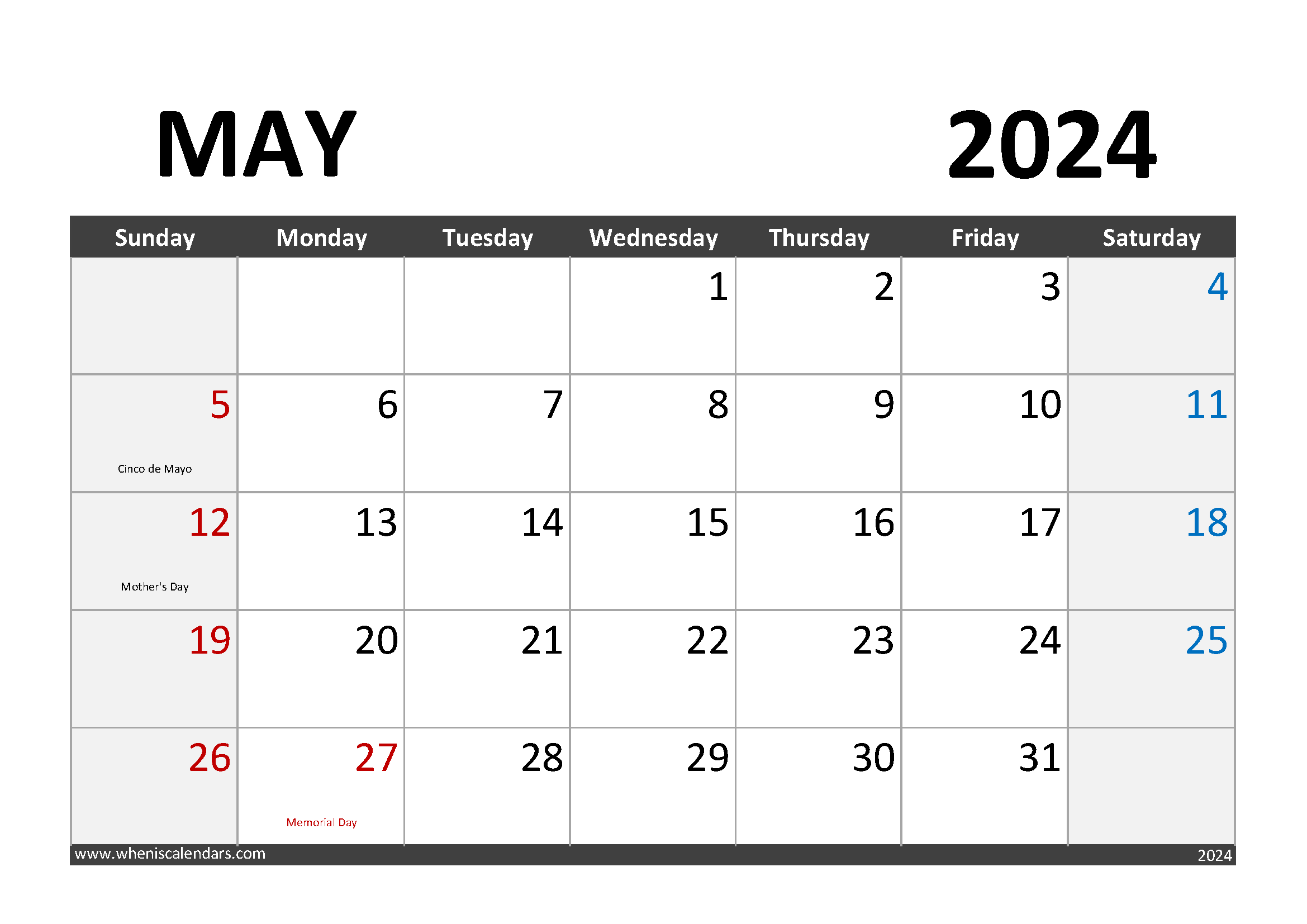 Download May 2024 Calendar with Holidays A4 Horizontal 54004
