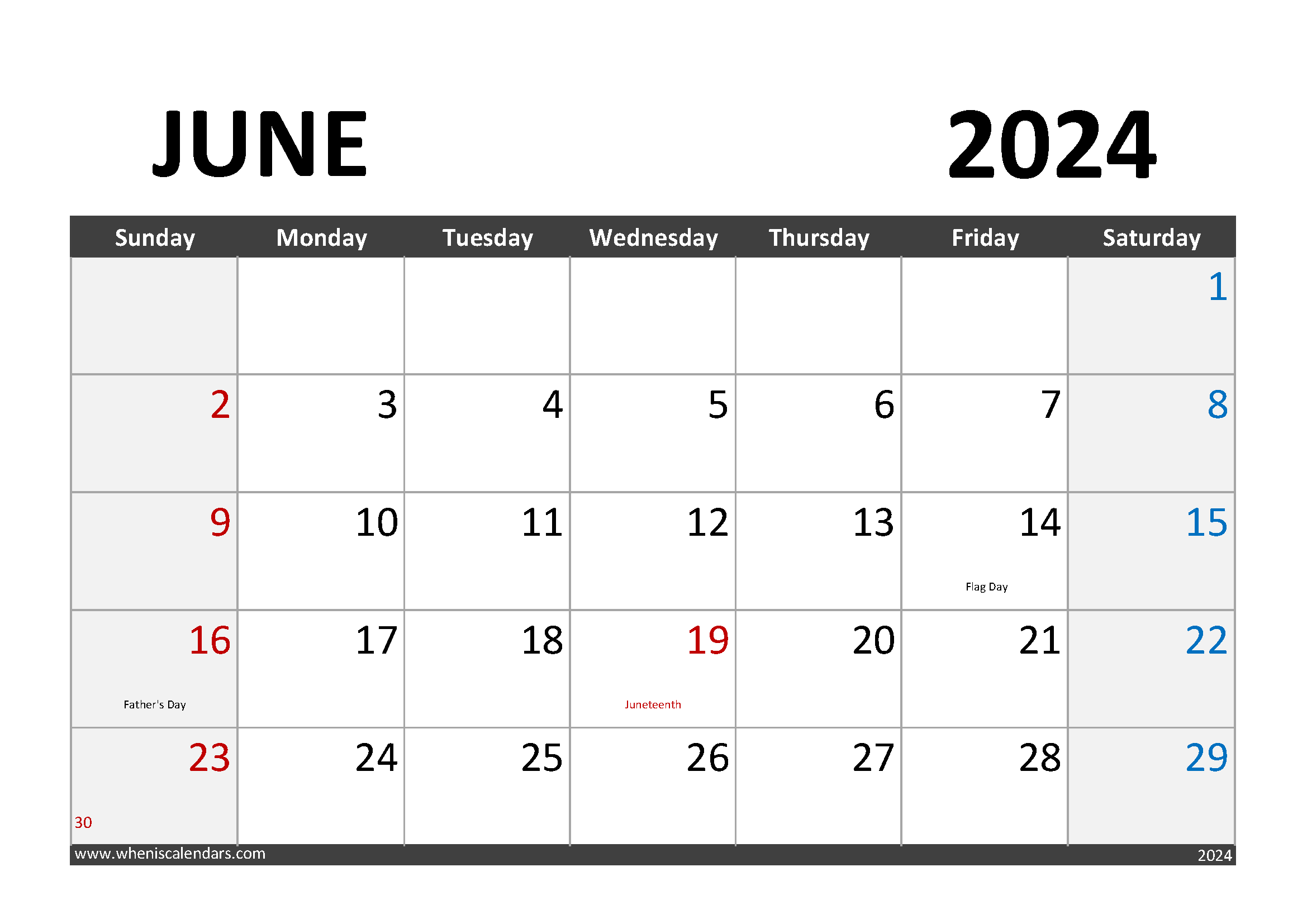 Download June 2024 Calendar with Holidays A4 Horizontal 64004