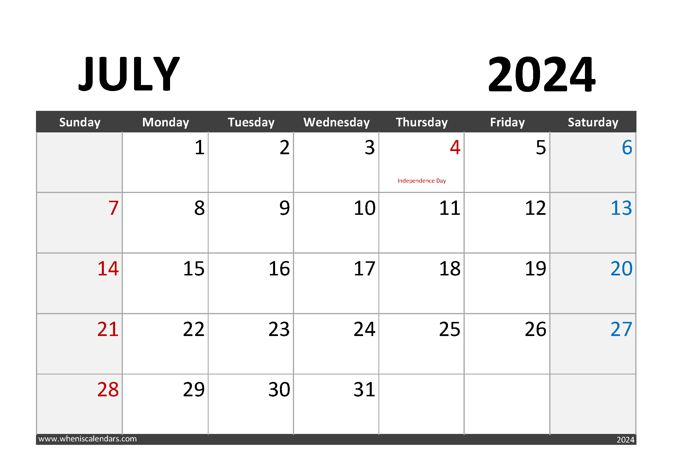 Download July 2024 Calendar with Holidays A4 Horizontal 74004