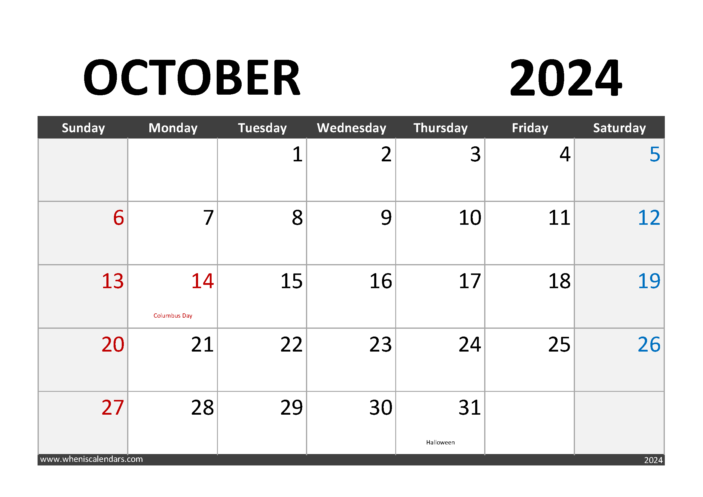 Download October 2024 Calendar with Holidays A4 Horizontal 104004