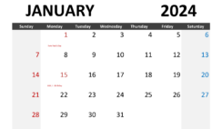 Download Calendar January 2024 Printable A4 Horizontal J4005