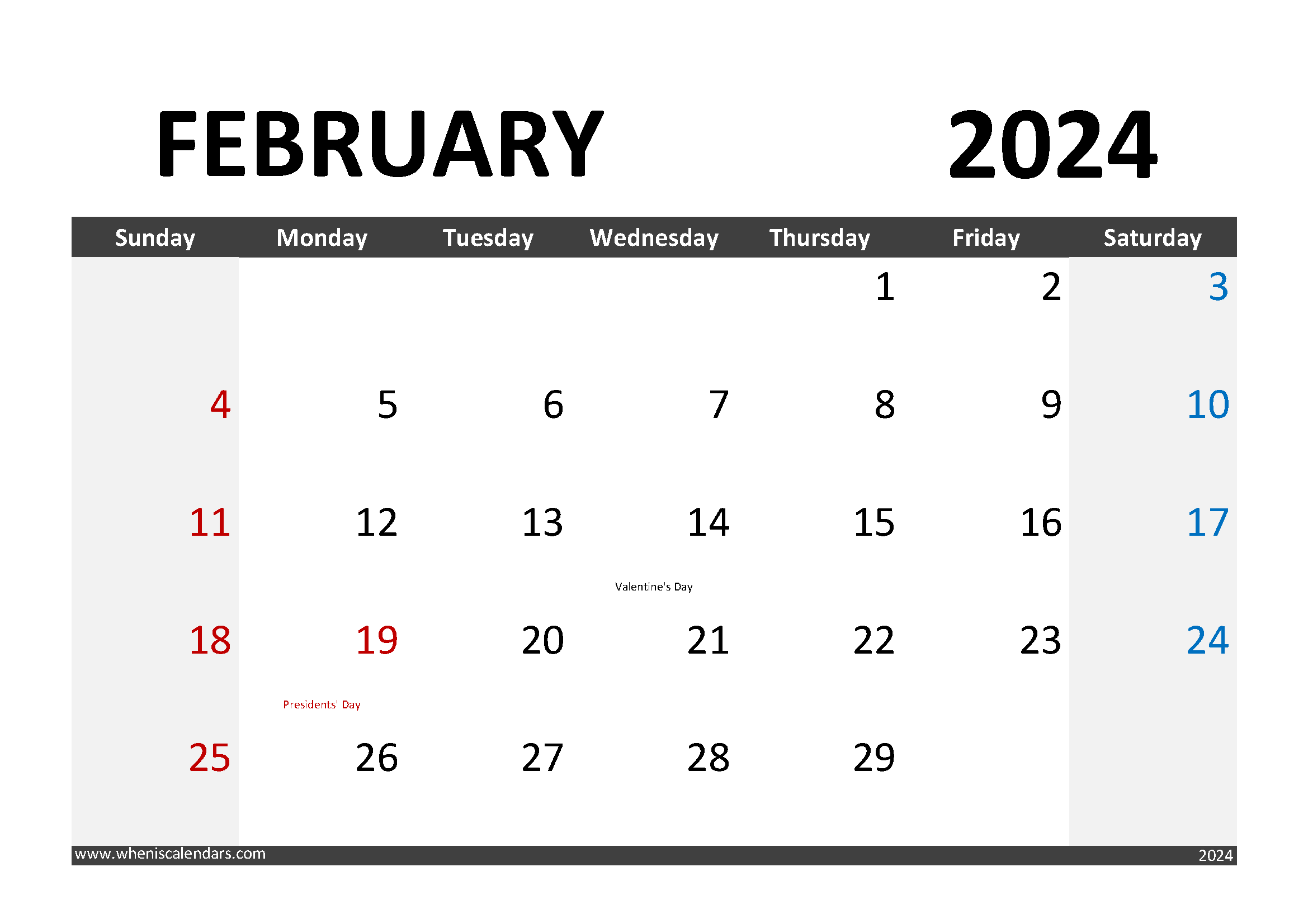 Download Calendar February 2024 Printable A4 Horizontal 24005