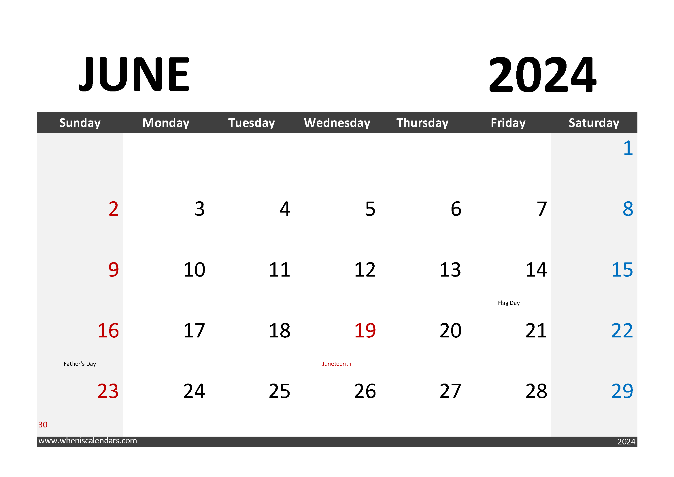 Download Calendar June 2024 Printable A4 Horizontal 64005