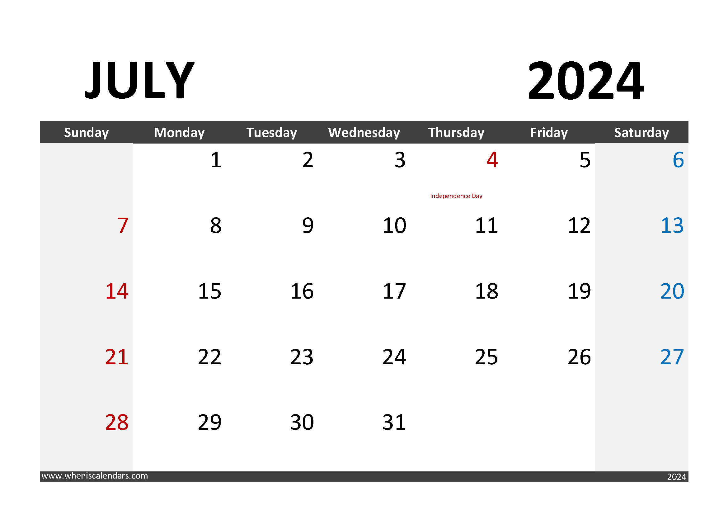 Download Calendar July 2024 Printable A4 Horizontal 74005