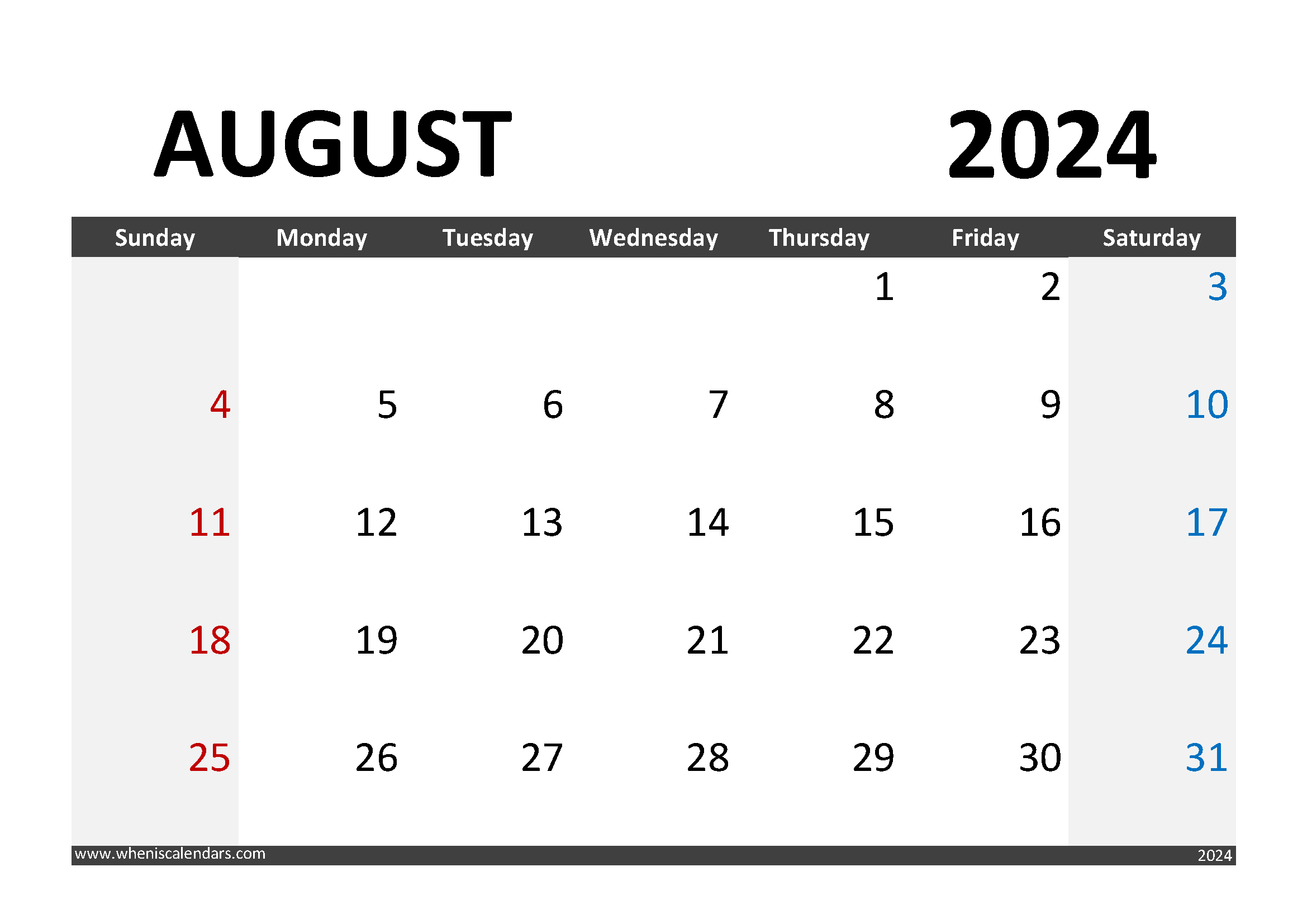 Download Calendar August 2024 Printable A4 Horizontal 84005
