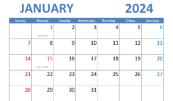 Download January 2024 Calendar excel A4 Horizontal J4006