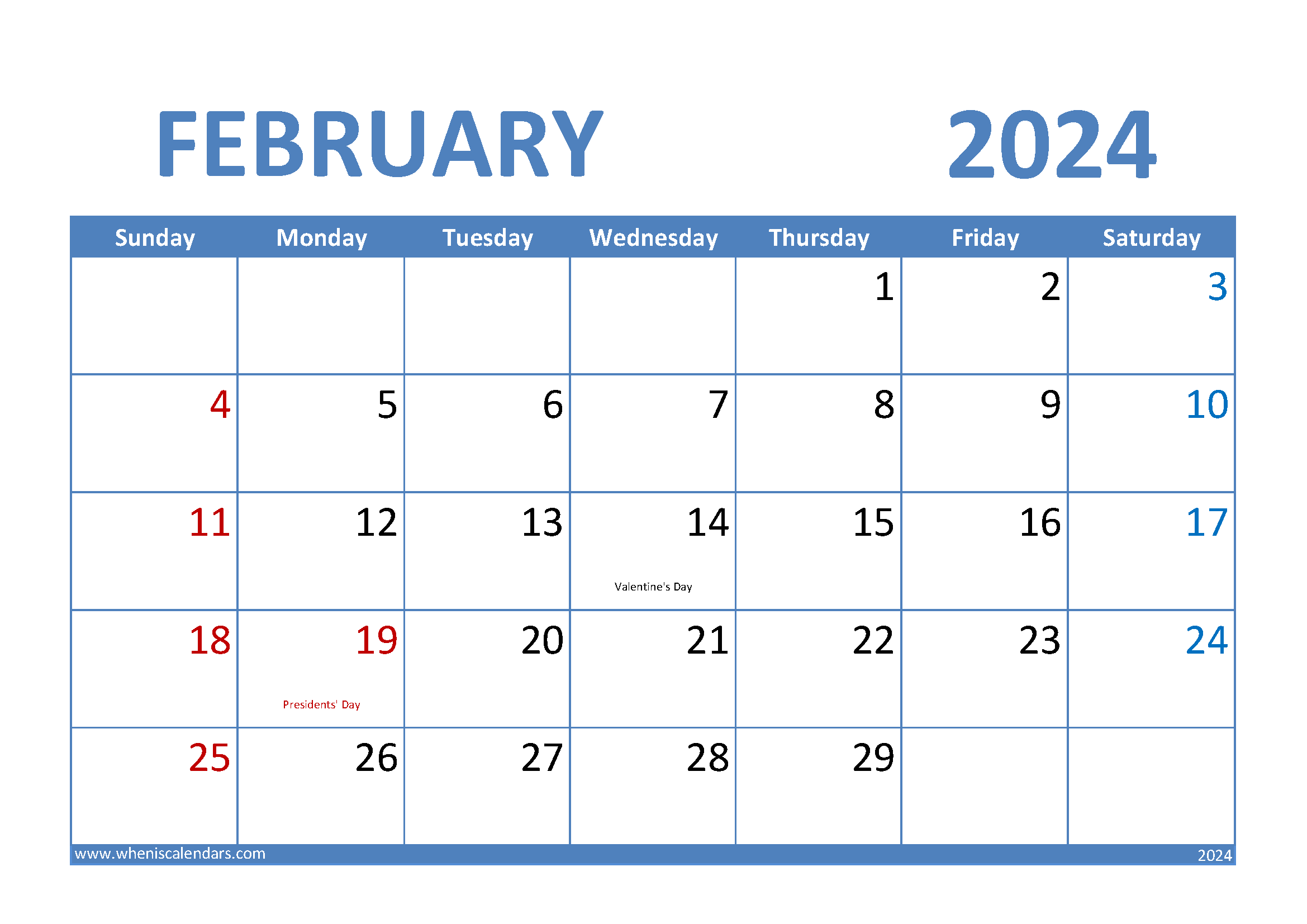 Download February 2024 Calendar excel A4 Horizontal 24006