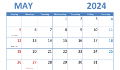 Blank May Calendar 2024 M5286