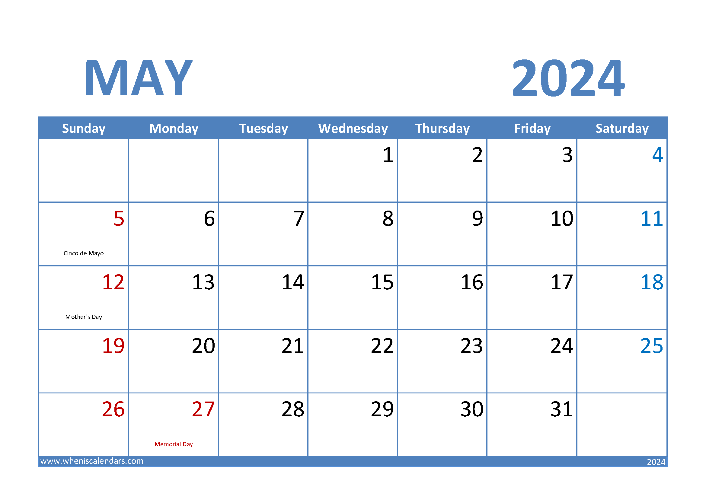 Download May 2024 Calendar excel A4 Horizontal 54006