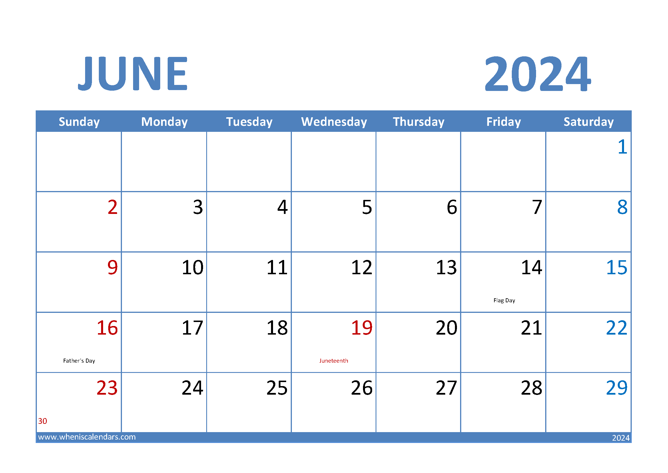 Download June 2024 Calendar excel A4 Horizontal 64006