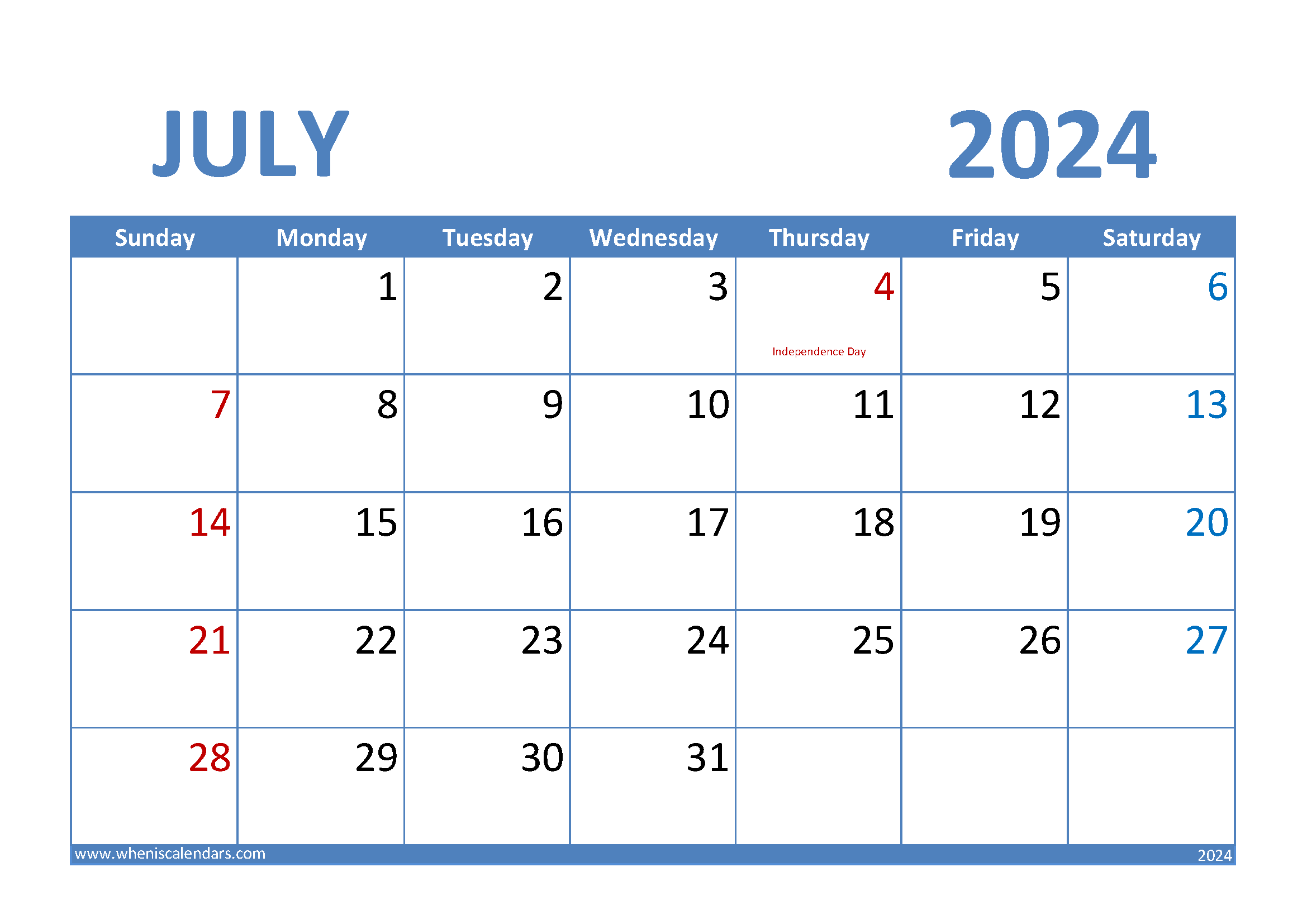 Download July 2024 Calendar excel A4 Horizontal 74006