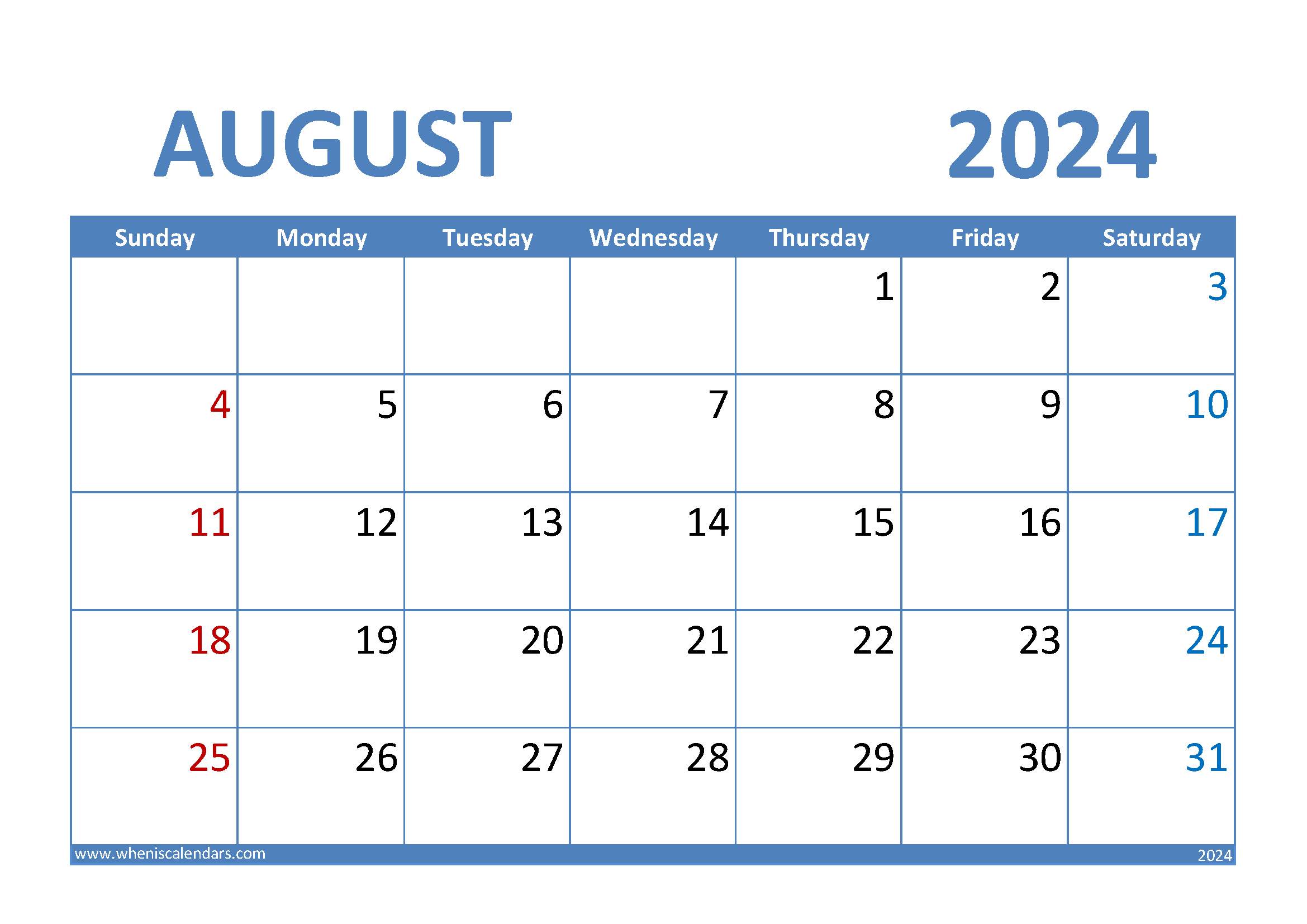 Download August 2024 Calendar excel A4 Horizontal 84006